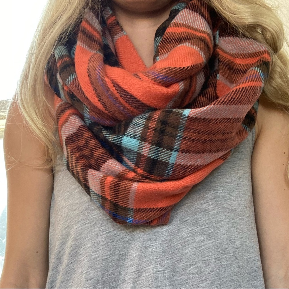 Thick plaid infinity scarf pink and blue